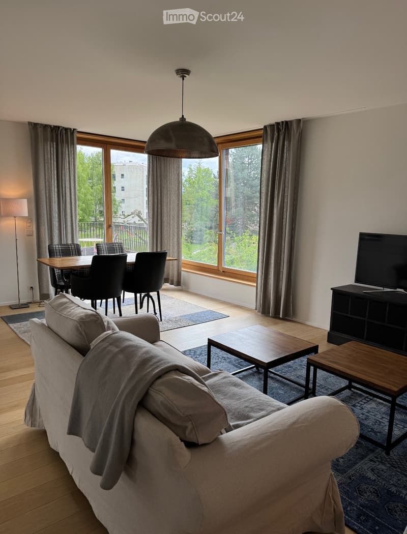 Modern living and dining area with a grey sofa, coffee table, dining table with chairs, TV, and large windows with a view of greenery.