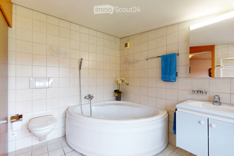 Modern bathroom with a large, curved bathtub, toilet, sink, and a mirror. A blue towel hangs on a rack, and a small flower pot sits on the edge of the bathtub.