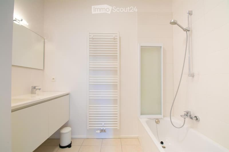 Modern bathroom with white tiles, a sink with a faucet, a bathtub with a showerhead, a radiator, and a mirror above the sink.