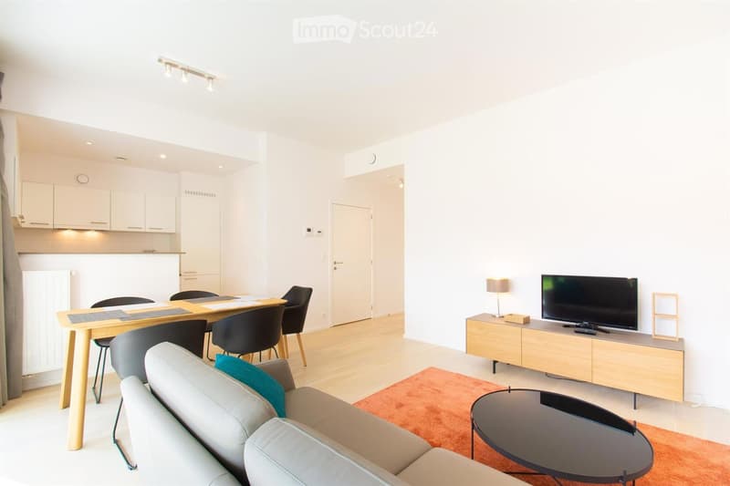 Modern living room with a grey sofa, coffee table, TV, dining table, and chairs. The room features a light-colored carpet, white walls, and a sleek kitchen area in the background.