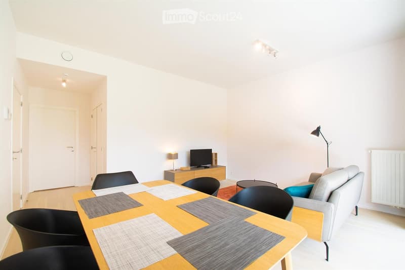 Bright living room with a sofa, coffee table, dining table, chairs, and a TV on a stand.