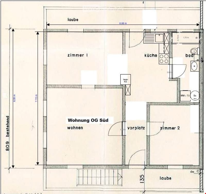 Floor plan of a residential unit with labeled rooms including living area, kitchen, two bedrooms, bathroom, and hallway.