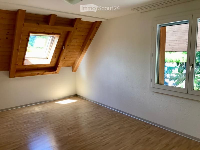 Empty room with wooden flooring, white walls, and large windows allowing natural light. The room features a skylight and built-in wooden shelving on one wall.