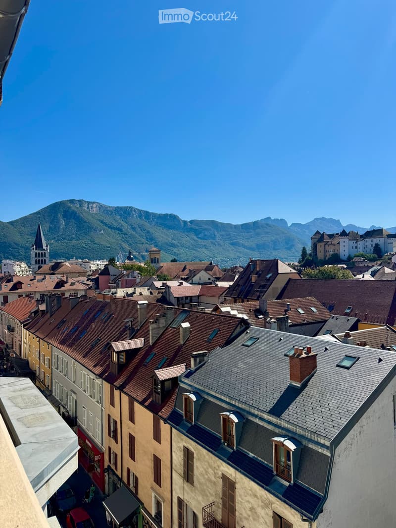 A panoramic view of a cityscape with red-tiled roofs, chimneys, and a distant mountain range under a clear blue sky.