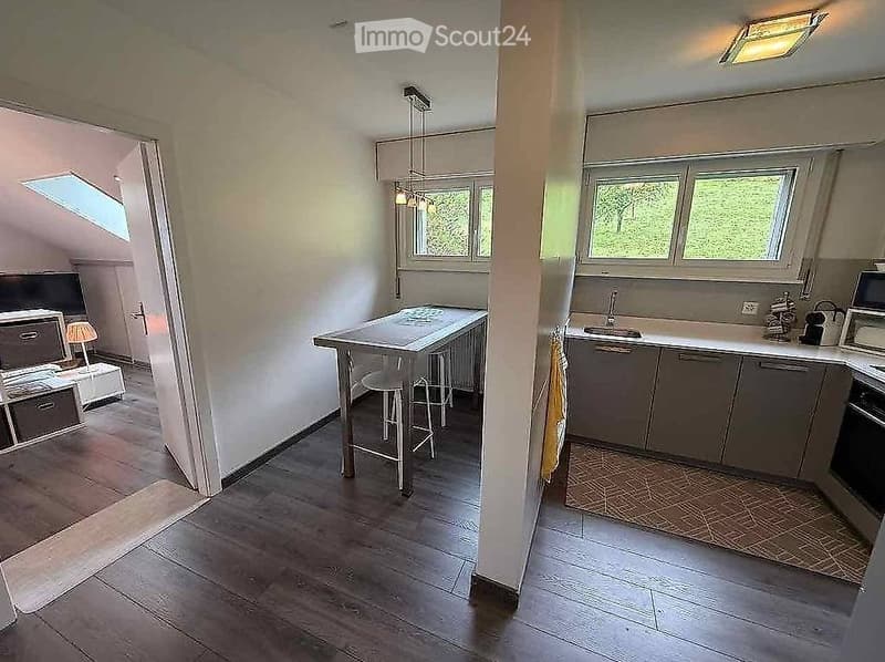 Modern kitchen and living area with wooden flooring, grey cabinets, a central table with stools, and a small living area with a screen and lamp.