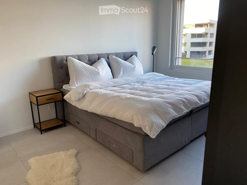 Modern bedroom with a large bed, nightstand, floor lamp, and a fluffy white rug on the floor.