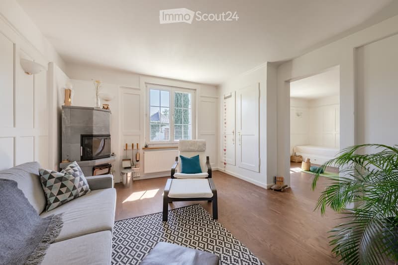 Bright living room with a grey sofa, patterned cushions, a white armchair with a blue pillow, an ottoman, a fireplace with a TV, a small table with a vase, and a large leafy plant. A bedroom area is visible through an open doorway with a bed and a woven b