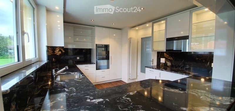 Modern kitchen with white cabinets, black marble countertops, and stainless steel appliances.