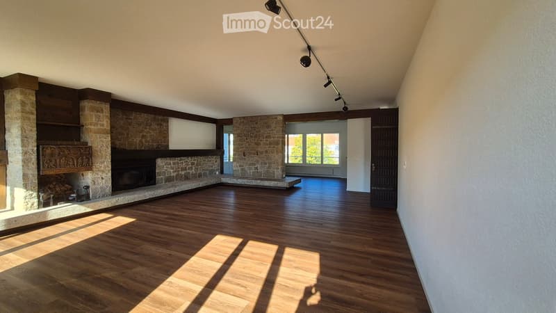 Empty living room with wooden flooring, stone fireplace, large windows, and track lighting.