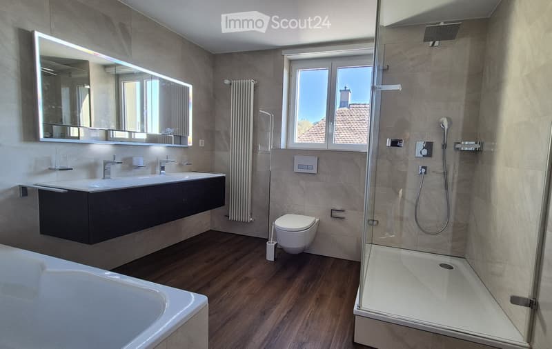 Modern bathroom with a large mirror, double sink, toilet, bathtub, and a walk-in shower with a glass enclosure. The room features wooden flooring and large windows offering a view of the roof.