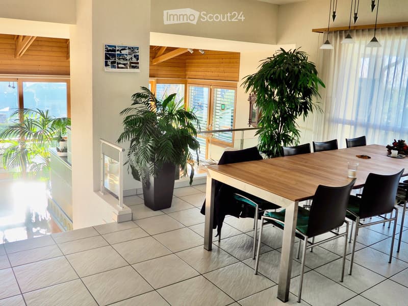 Bright dining area with a wooden dining table, black chairs, large potted plants, and a scenic view through large windows and a balcony.