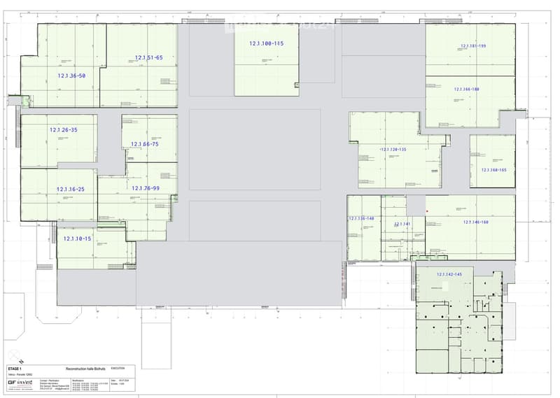 Floor plan of a multi-room building with labeled rooms and dimensions, including offices, meeting rooms, and service areas.