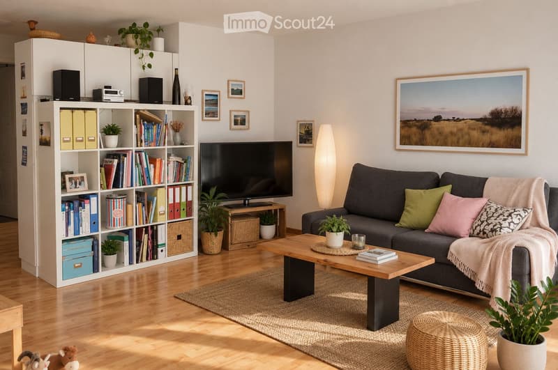 Modern living room with a grey sofa, wooden coffee table, bookshelf, and decorative plants.
