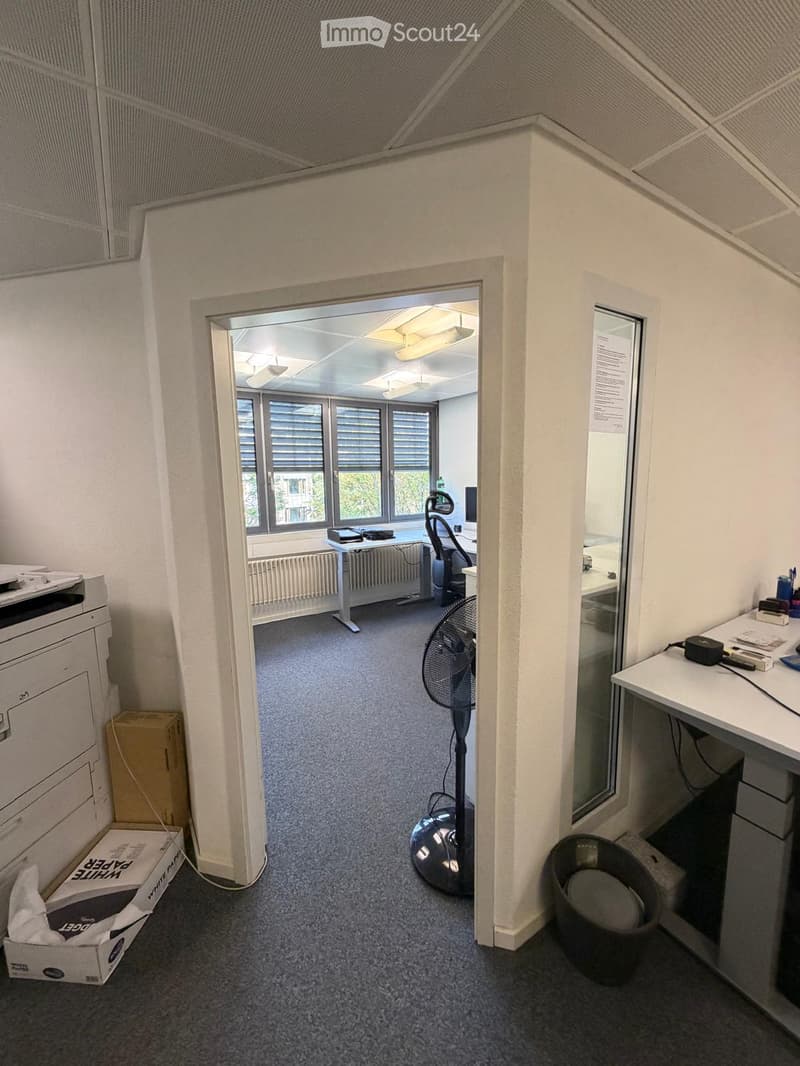 Office space with carpeted floor, white walls, large windows, fan, desk, chair, printer, computer, radiator, and trash can.