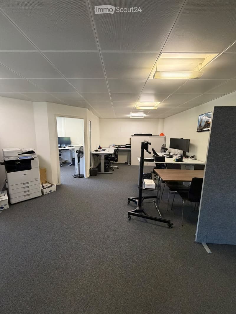 Office space with multiple workstations, desks, chairs, computers, a printer, and a fan. The room has white walls, carpeted flooring, and fluorescent lighting.