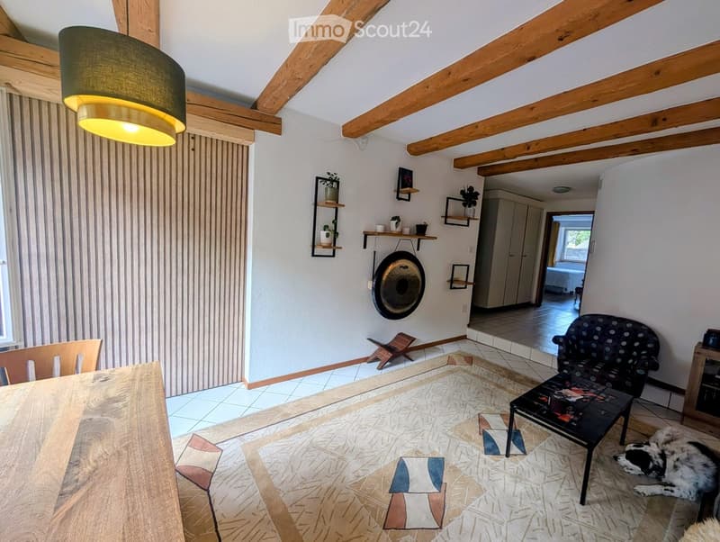 Cozy living room with exposed wooden beams, a patterned rug, a wooden dining table, a patterned sofa, a small coffee table, and a hanging gong on the wall.