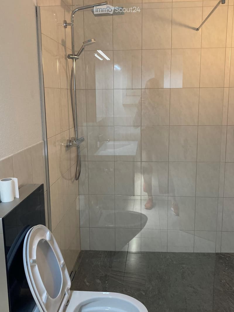 Bathroom with shower, toilet, and sink