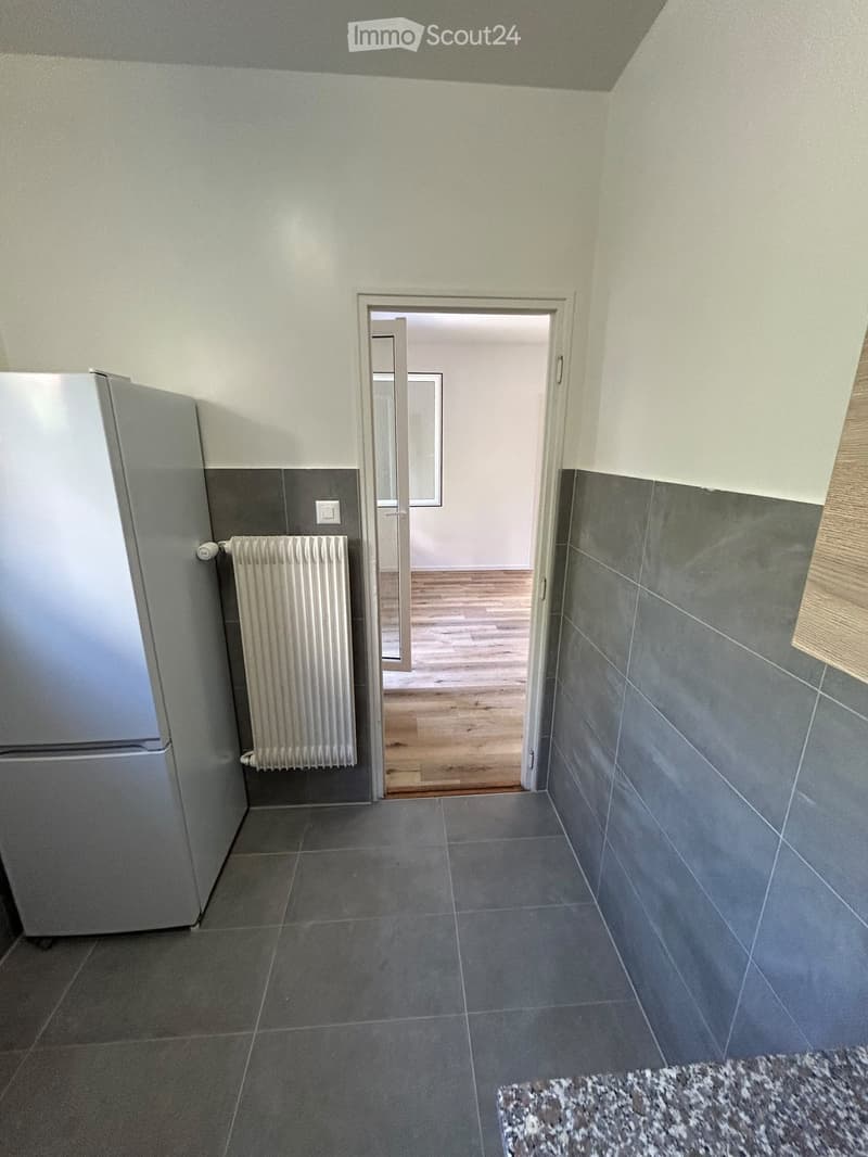 A narrow hallway with tiled floors and walls, featuring a radiator, a refrigerator, and an open doorway leading to another room with wooden flooring.
