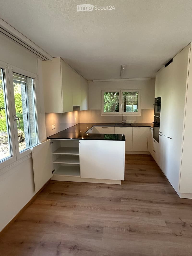 Empty kitchen with white cabinets, black countertop, wooden flooring, and large windows allowing natural light.
