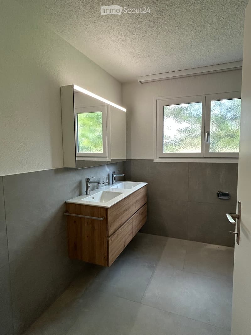 Modern bathroom with a double sink, wooden cabinet, mirror with built-in lighting, and frosted windows.