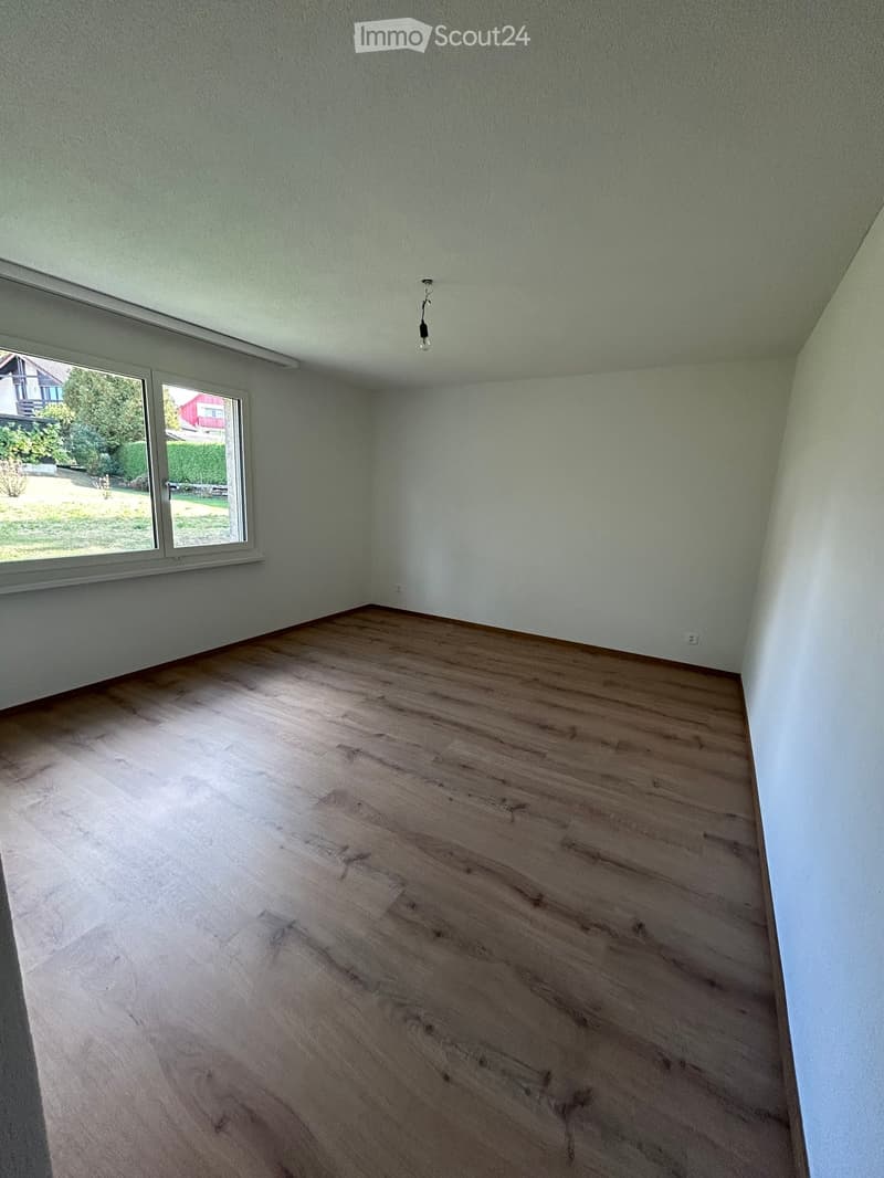 Empty room with light green walls, wooden flooring, and a large window letting in natural light.