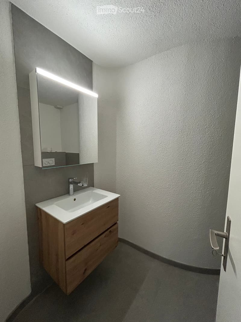 Modern bathroom with a white sink, wooden cabinet, and illuminated mirror.