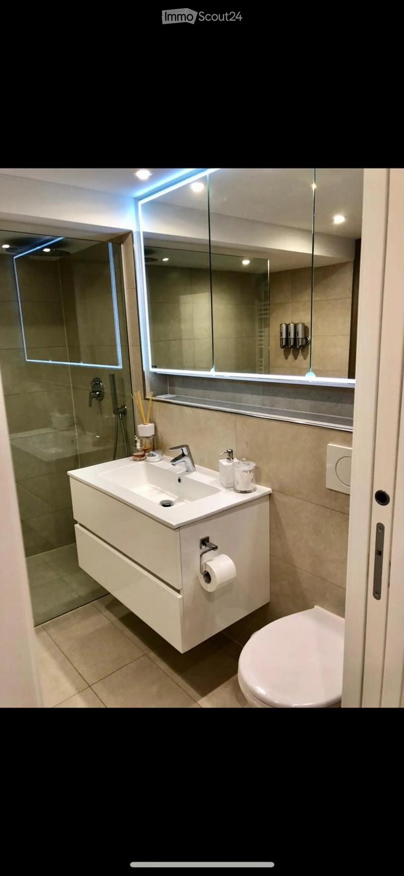 Modern bathroom with a white sink, chrome faucet, large mirror, toilet, and a glass-enclosed shower area.