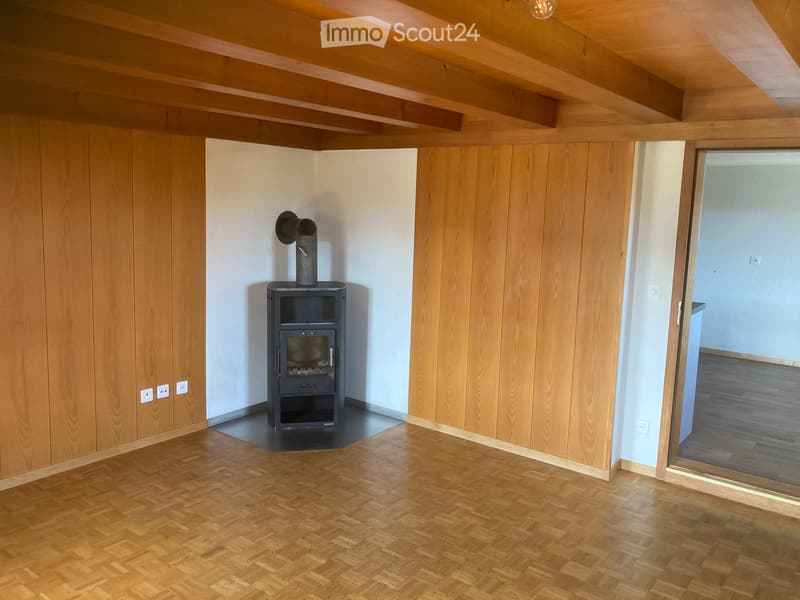 Empty room with wooden walls, wooden floor, and a wood-burning stove in the corner.