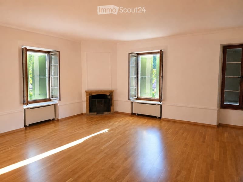 Empty room with light pink walls, wooden flooring, and a fireplace. Three windows with open shutters allow natural light to enter.