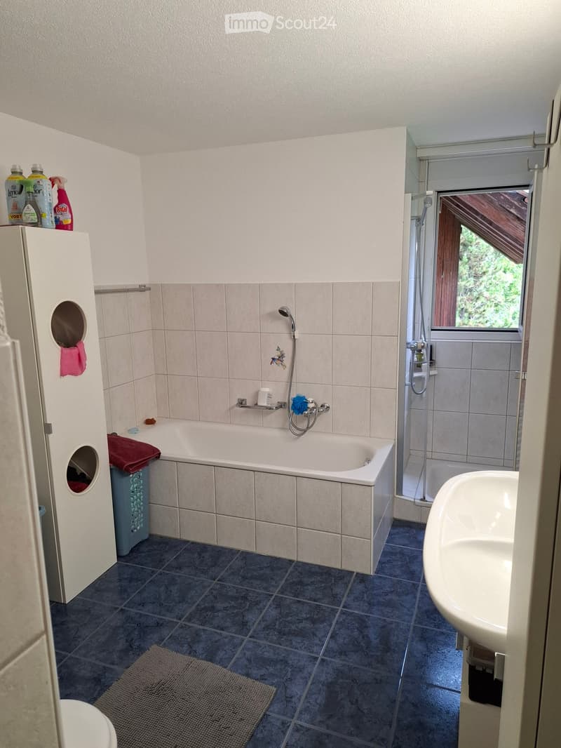 Bathroom with a bathtub, sink, toilet, and shower area. Features tiled walls and floor, a towel on the edge of the bathtub, and cleaning supplies on a shelf.