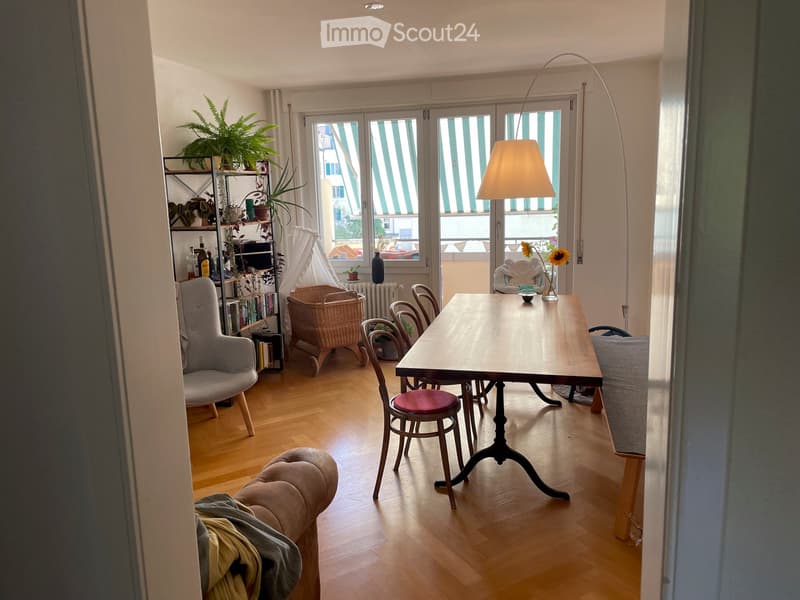 Bright living room with wooden flooring, large windows with striped blinds, a sofa, a chair, a dining table with chairs, a shelf with plants and books, and a floor lamp.