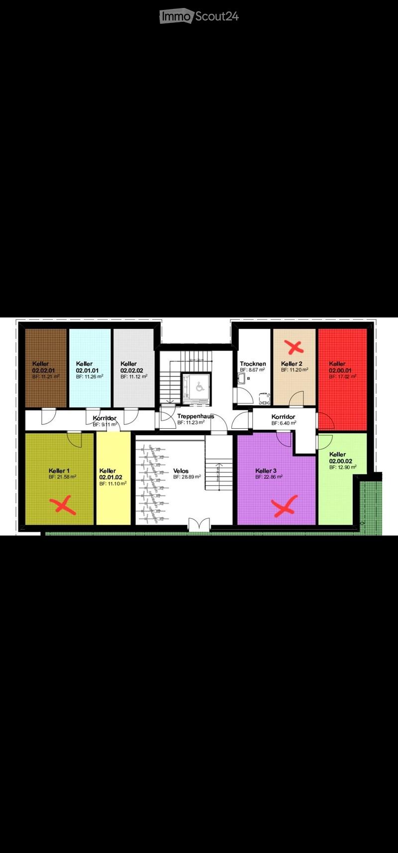 Floor plan showing multiple basement rooms, corridors, stairwell, and a bicycle storage area. Rooms are labeled with names and square footage.