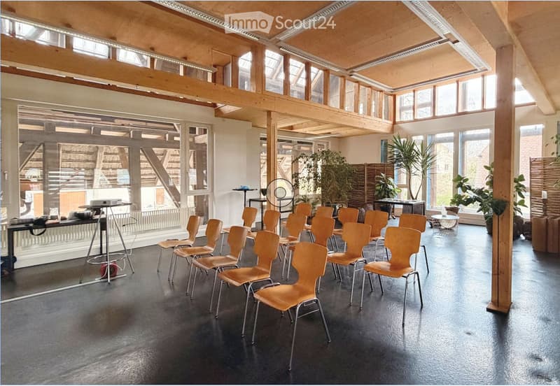 Bright, open room with wooden chairs arranged in rows, a projector screen, and several potted plants near large windows.