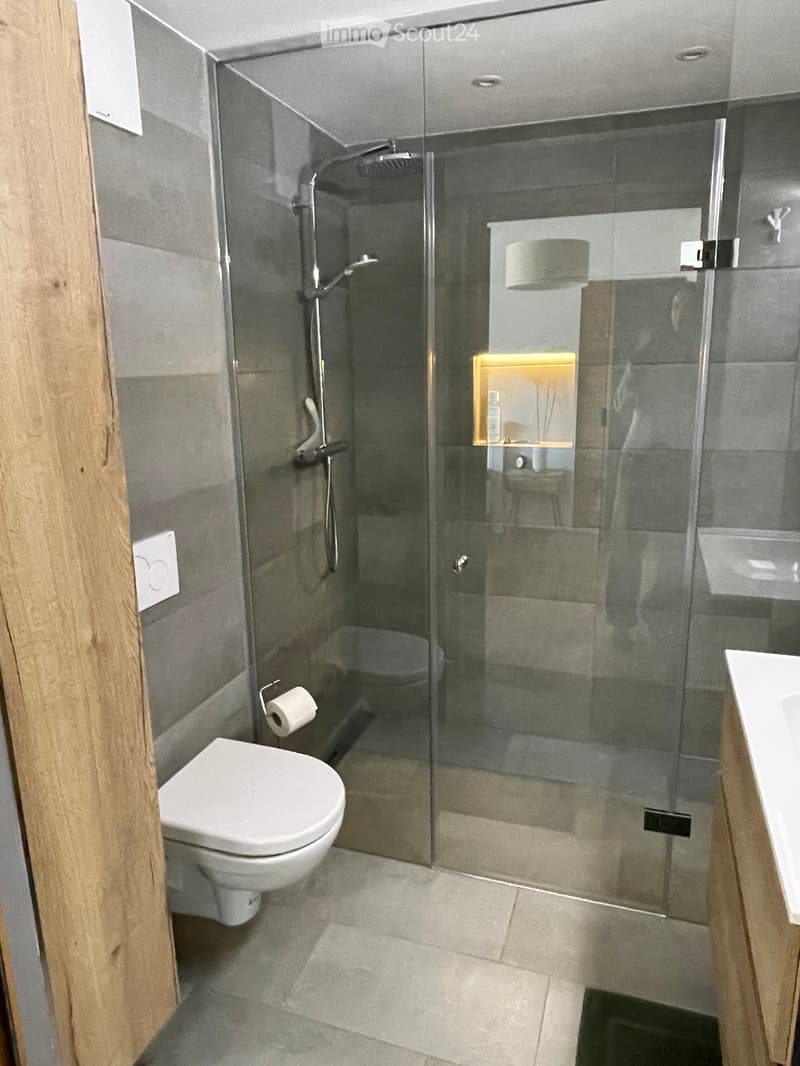 Modern bathroom with a glass-enclosed shower, toilet, and sink. Features include a built-in shelf in the shower and a sleek, contemporary design.