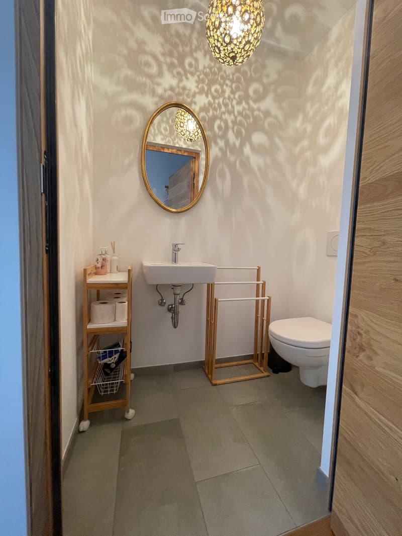 Modern bathroom with a white sink, toilet, round mirror, wooden shelf, and decorative light fixture.
