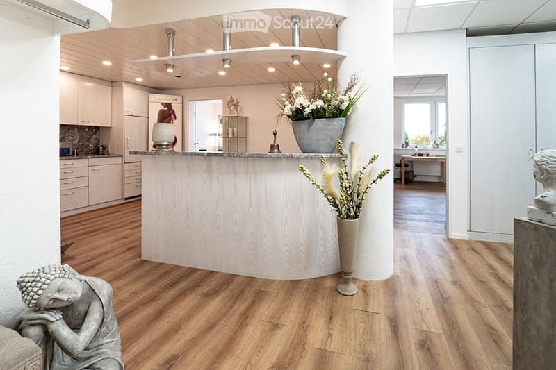 Modern, open-plan space with a bar counter, kitchen area, and decorative vases. Features wooden flooring, white walls, and recessed lighting.