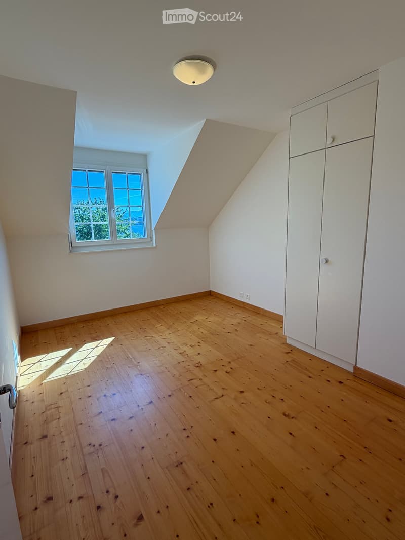 Empty attic room with wooden flooring, white walls, built-in white cabinets, and a skylight window offering natural light.