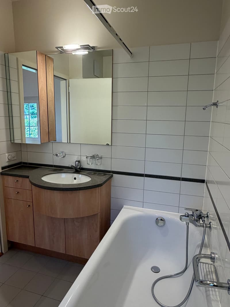 Modern bathroom with a white bathtub, sink, mirror, and wooden cabinet.