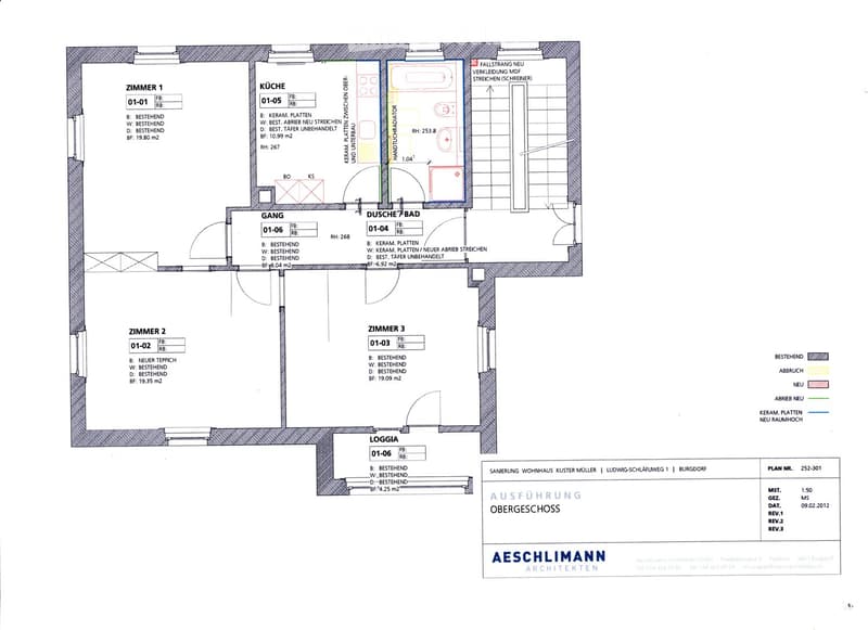 Floor plan of an upper floor showing three bedrooms, a kitchen, a bathroom/shower, a hallway, and a loggia.