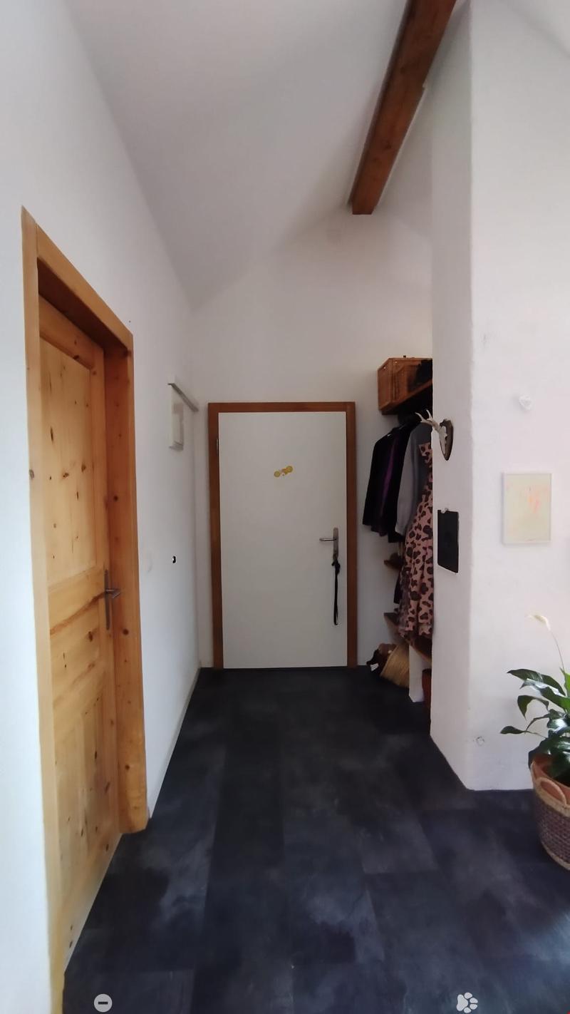 A narrow hallway with white walls, dark flooring, and wooden doors. A coat rack with hanging clothes is visible on the right side, along with a small plant in a pot near the wall.
