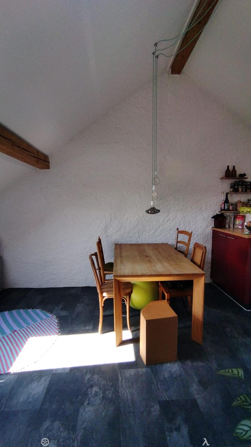 A modern, well-lit room with a wooden dining table, four chairs, a small wooden stool, a red cabinet, and a green exercise ball. The room features a dark carpeted floor and exposed wooden beams on the ceiling.