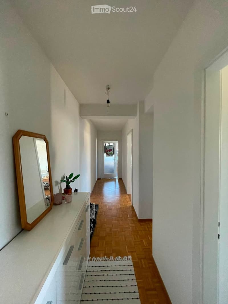 A narrow hallway with wooden flooring, white walls, and a small side table with a mirror, plant, and decorative items. The ceiling has a single light fixture, and the hallway leads to an open doorway at the end.