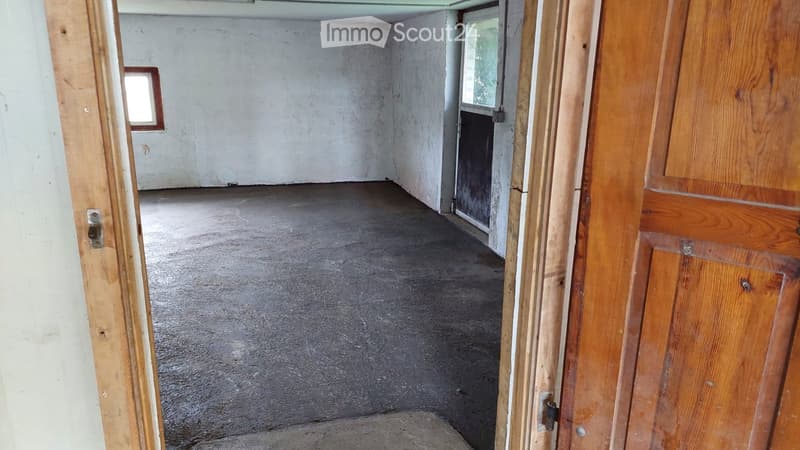 Empty room with concrete floor, white walls, and two small windows. Wooden door frame visible on the right side.