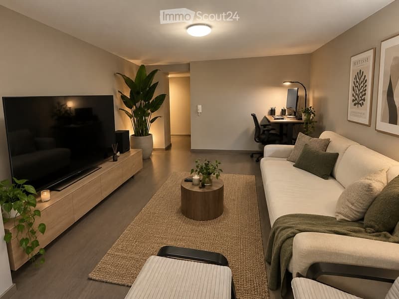 Modern living room with a white sofa, coffee table, TV stand, desk, and plants.