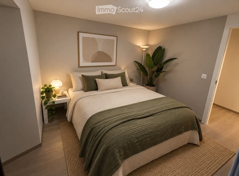 Modern bedroom with a neatly made bed, nightstand, table lamp, and decorative plants. The room features a large picture frame on the wall and warm lighting.