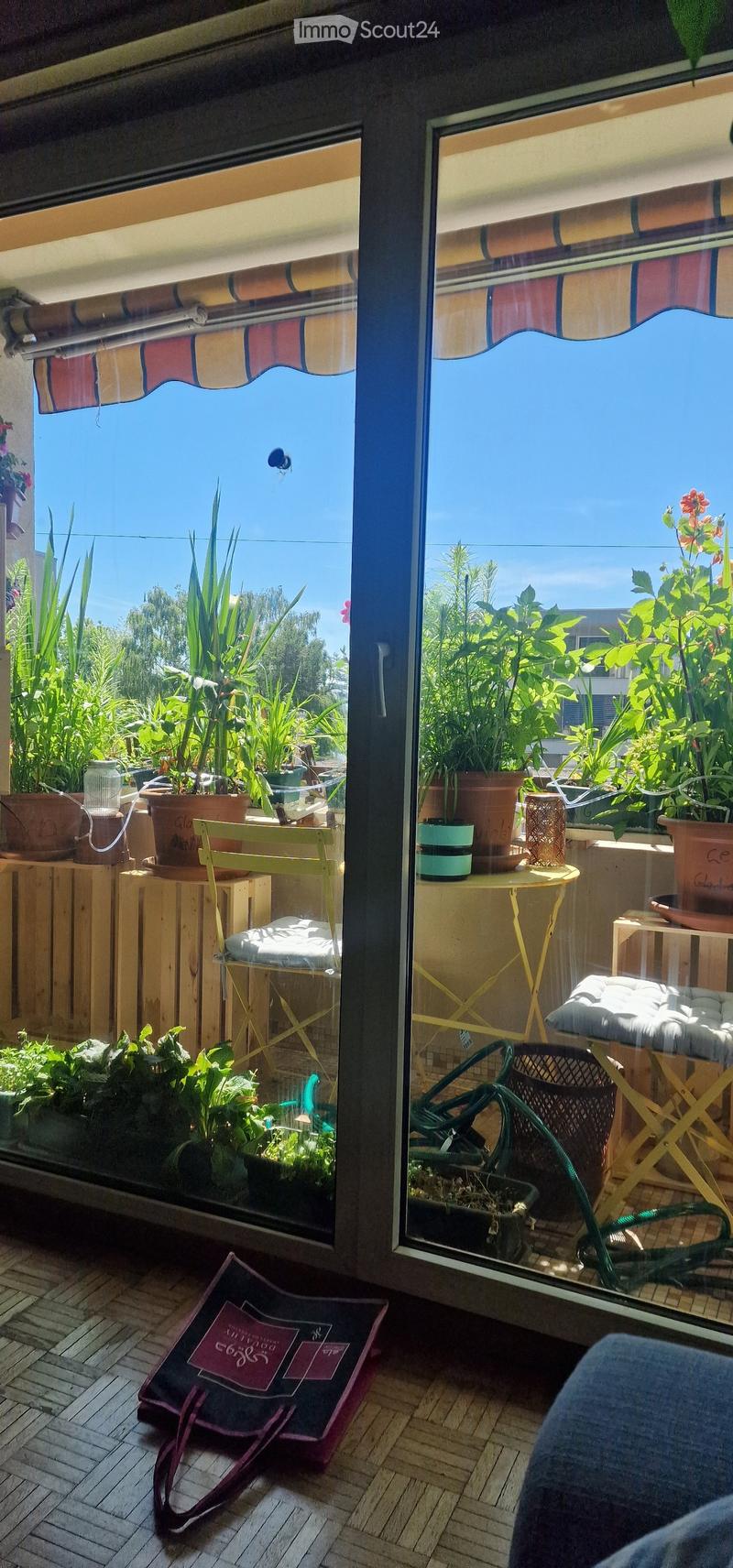 Balcony with potted plants, a yellow folding chair, a small table, and a woven basket. The balcony has striped awnings and overlooks a garden area.