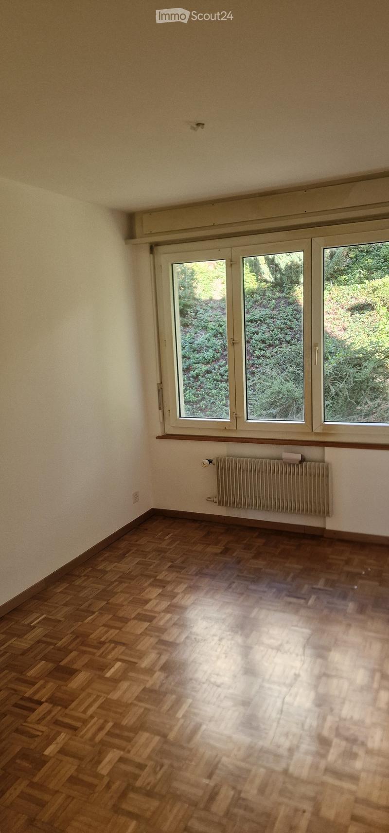 Empty room with wooden herringbone flooring, white walls, large windows with white frames, and a radiator below the windows.