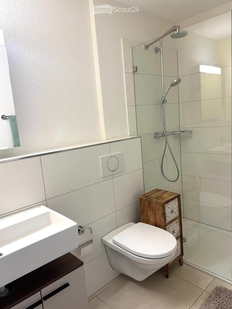 Modern bathroom with white tiles, a glass-enclosed shower, a toilet, a sink, and a wooden cabinet.