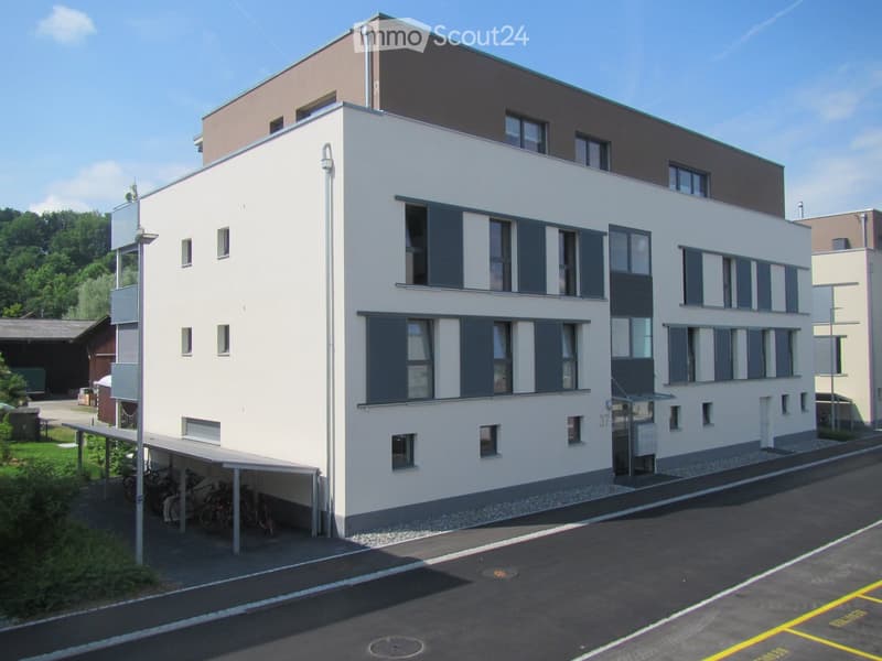 Modern multistory building, white walls, grey and black shutters, ground floor with covered parking