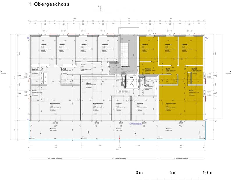 Floor plan of the first floor showing multiple rooms including bedrooms, bathrooms, kitchen, living-dining areas, corridors, stairwell, and terraces. Dimensions and room labels are provided.